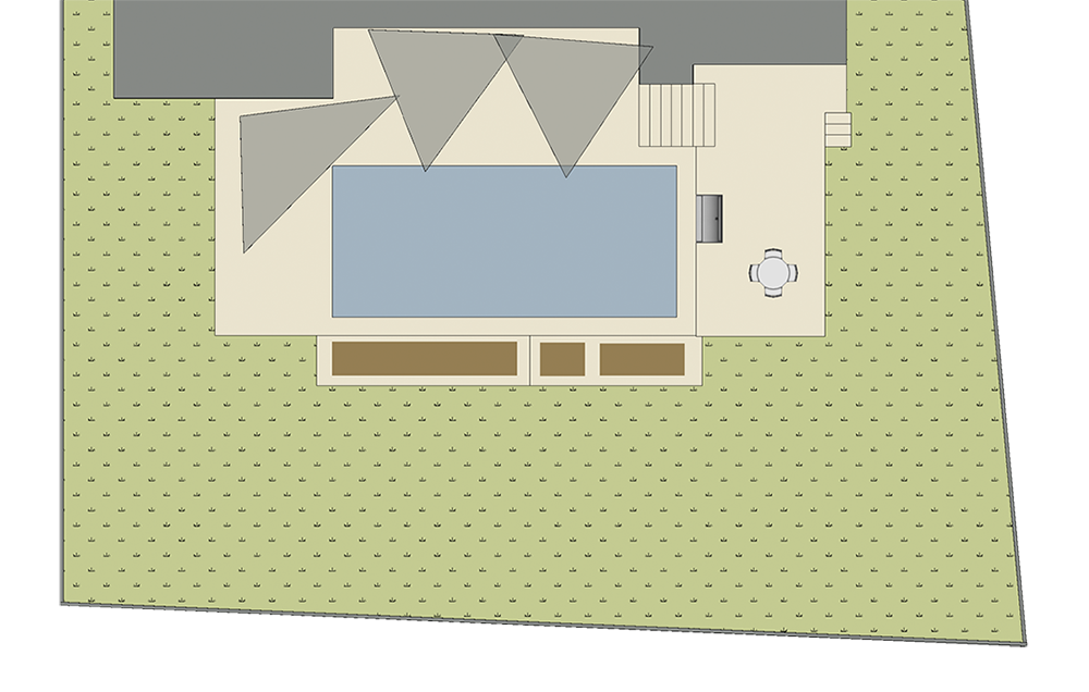 BEFORE landscape design illustration: a digital landscape design drawing made from a birds-eye view illustrating the state of the backyard at the time of the consult. There is a large hardscaped pool and grill connected to the house. Beyond the hardscaped pool area, there is a large lawn area. Between the lawn and the pool is a thin strip of built in flower-beds following the long side of the pool.